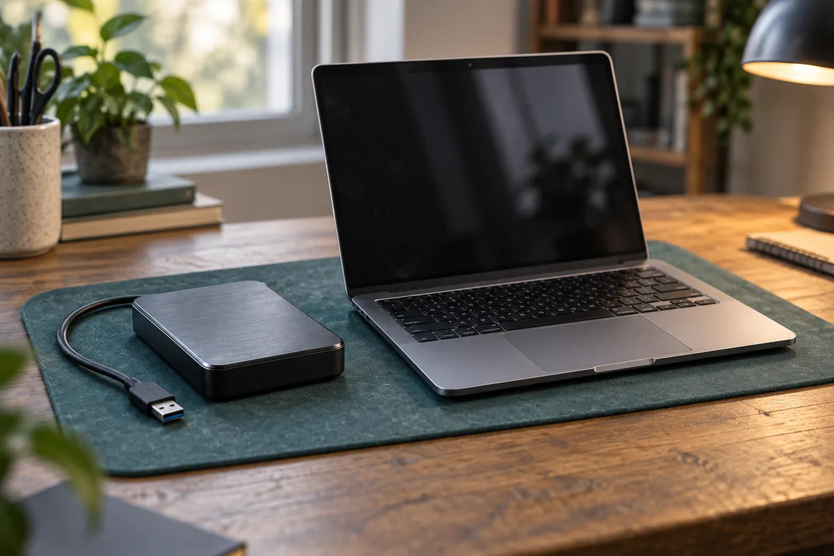 Closed external USB drive and unplugged cable beside a laptop on a workbench