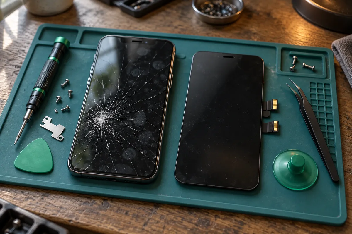 Cracked smartphone beside a loose replacement display and precision repair tools